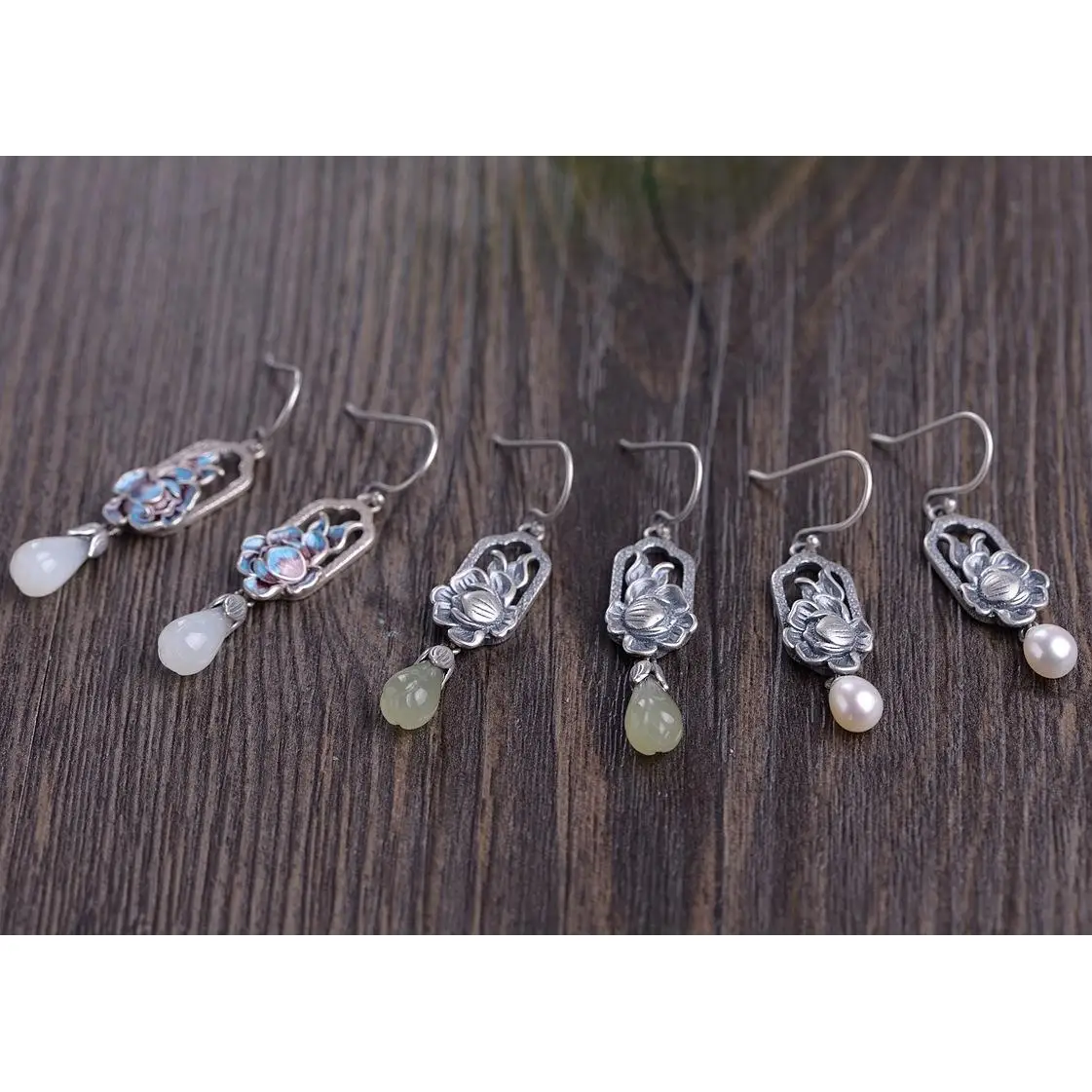 Natural Hetian White Magnolia enamel porcelain Pearl Earrings Chinese Bohemian charm women\'s silver brand jewelry
