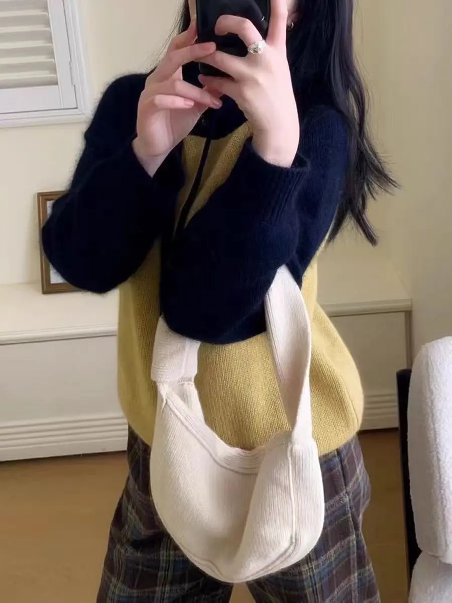 Choice 100% Merino Wool Women Pullover Loose Chic Sweater Autumn Winter Thick Warm Long Sleeve Knitwear Top Color-blocked hoodie