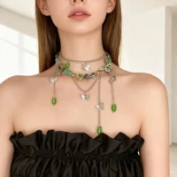 Collier ras du cou papillon en strass pour femme, élégant, avec longue pampille en cristal vert, bijoux de fête Y2K 3