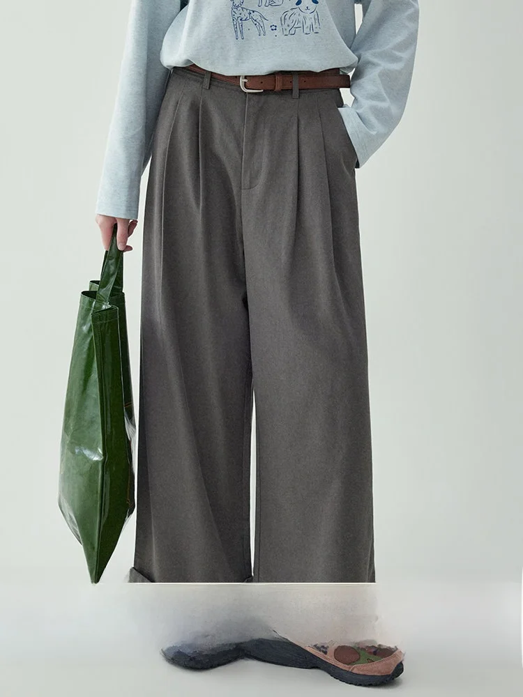 High Waist Wide Leg Casual Pants Women's Spring New Style Pleated Straight Leg Long Trousers Korean Style Pure Color Cuffed