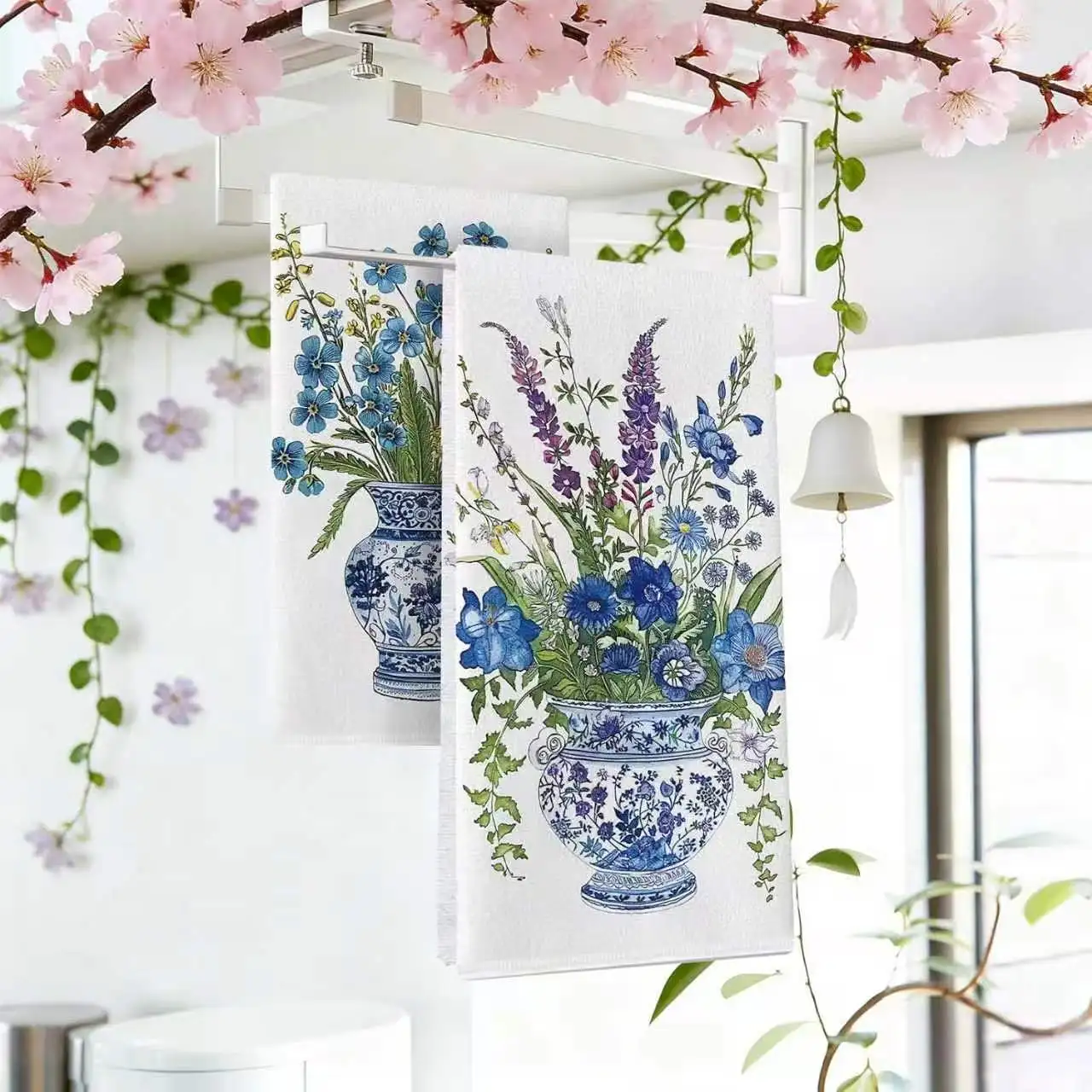 2-Pack of Rustic Towels with Blue and White Porcelain Floral Prints, Dish Towels, Hand Towels, Modern Art Kitchen Decor Towels, Neighbor Gifts, Sweet Housewarming Gifts for Friends, Mom Gifts, Friend Birthday Gifts. Spring and Summer Theme