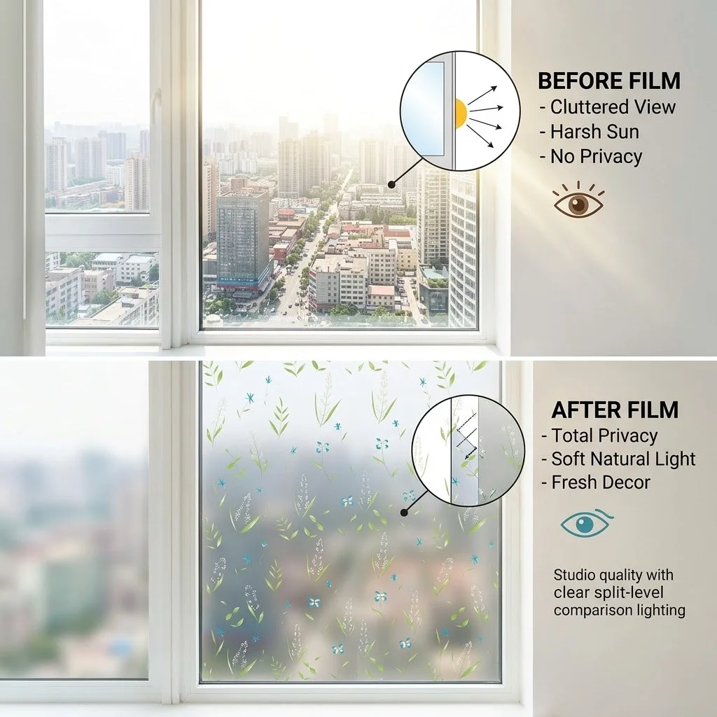 Frosted Botanical Self-Adhesive Window Film Privacy Protection Glass Sticker UV Protection 96% Waterproof Scratch-Resistant
