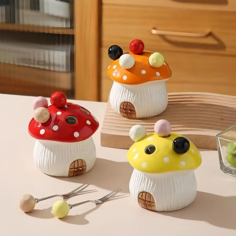 6-Piece Ceramic Mushroom Shaped Fork Set with Base Stand Stainless Steel - Unique Diningware Set for Fruits And Desserts Party D