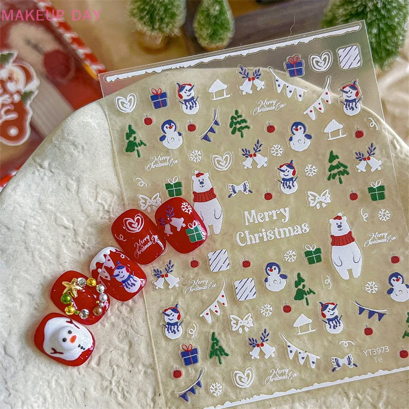 Autocollants adhésifs pour ongles de Noël, décalcomanies avec ours blanc, bonhomme de neige, dessin animé mignon, décoration d'ongles, fournitures de salon