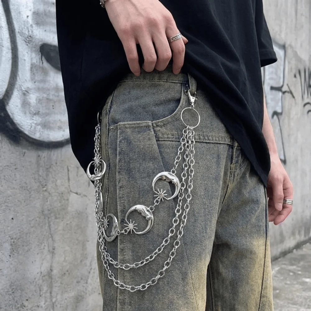 Y2K Alloy Multi-Layer Belt Chain Skull Cross Pendant Hip Hop Style Pants Chain Moon Star Jeans Chain Waist Chain Men