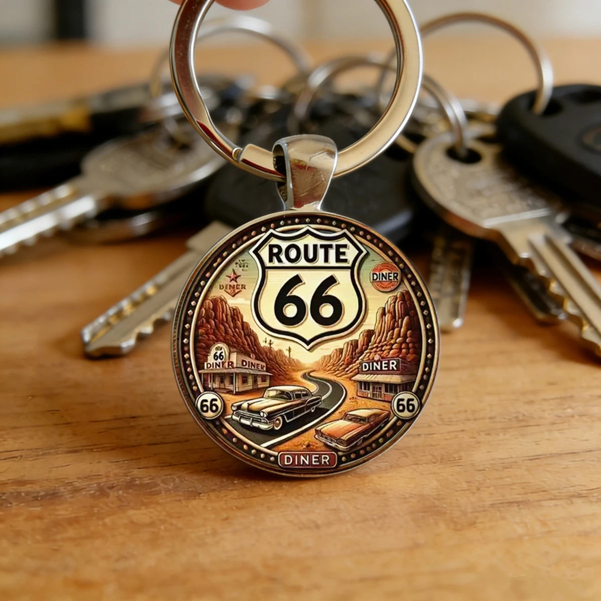 Retro Route 66 Circular Keychain Vintage Car Keyring Perfect Souvenir Gift for Valentine's Day Birthday Traveler Road Trip Lover