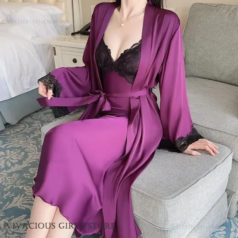 

Sexy Female Long Robe Nightgown Set Home Dress Patchwork Lace Backless Spring Autumn Silk Satin Sleepwear Nightdress Lingerie