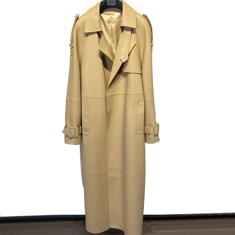 Trench da donna in vera pelle di pecora frangivento da ufficio lungo in pelle di pecora da donna