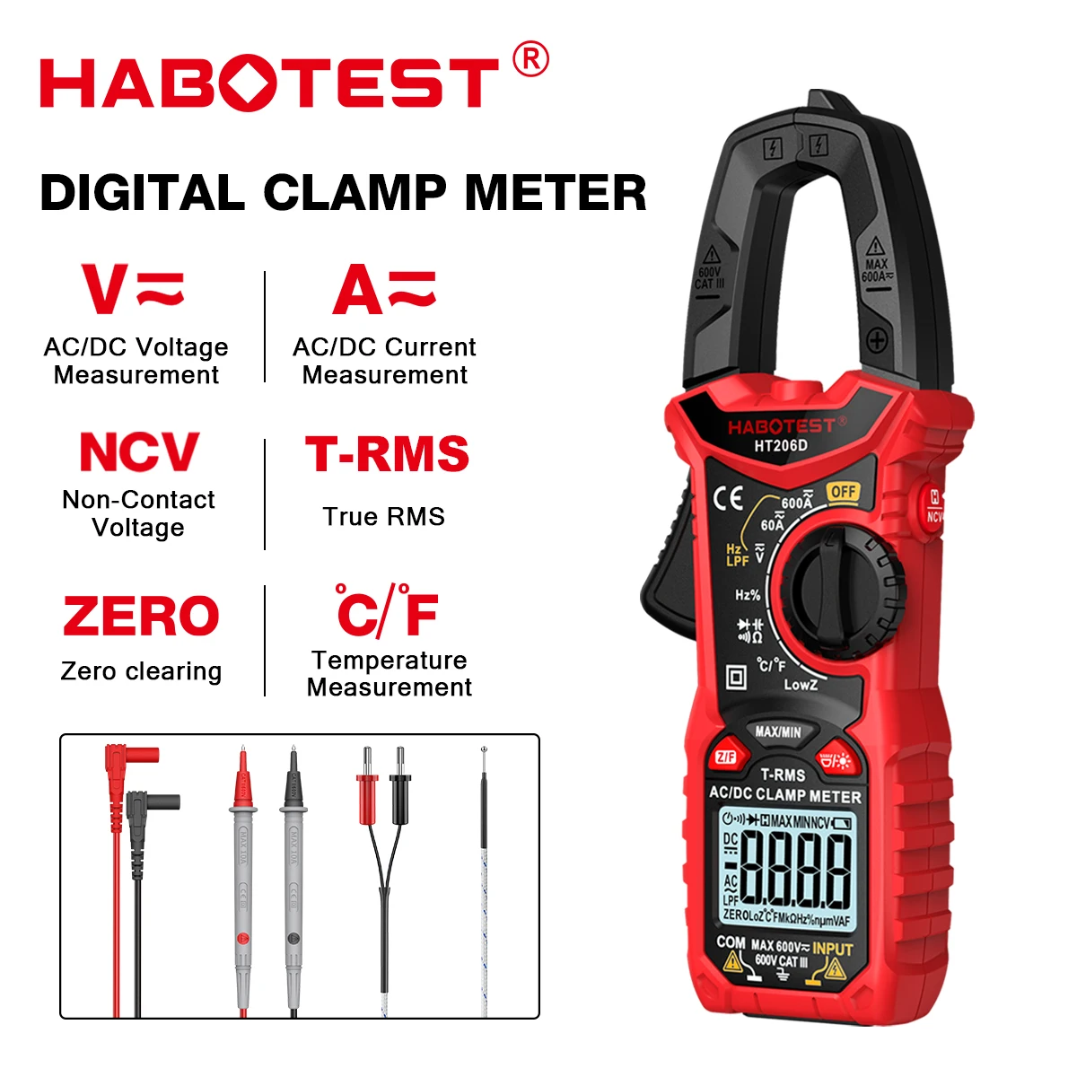 HABOTEST Digitale Stroomtang HT206A HT206B HT206D 600A AC DC Stroom Tweekleurige Backlight NCV Voltmeter Ampèremeter Met Lederen Case