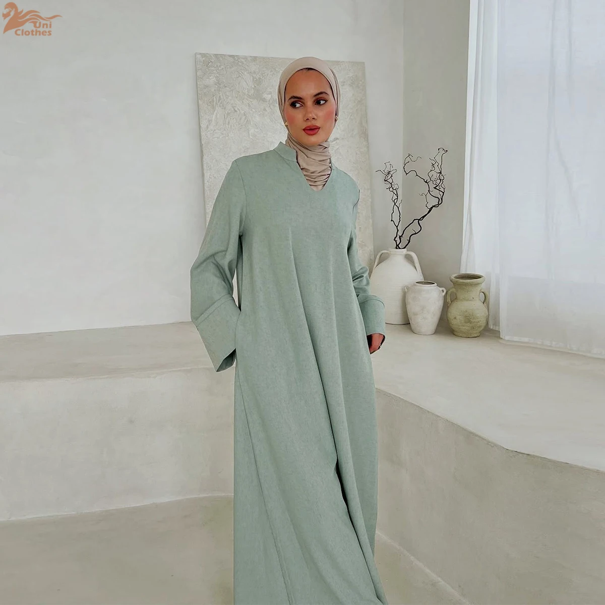 

Uni New Abaya 2026 Women's Dresses Simple Closed Abaya Plain Abaya Women Muslim Dress Linen Blend Islamic Clothing