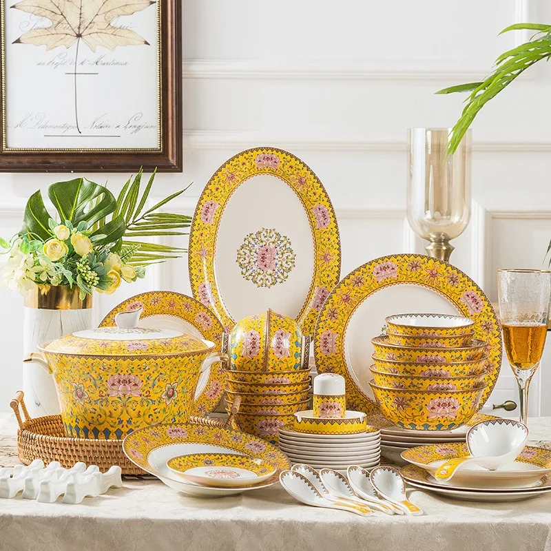 Light luxury ceramic enamel color bone china tableware set can be printed with logo without elders