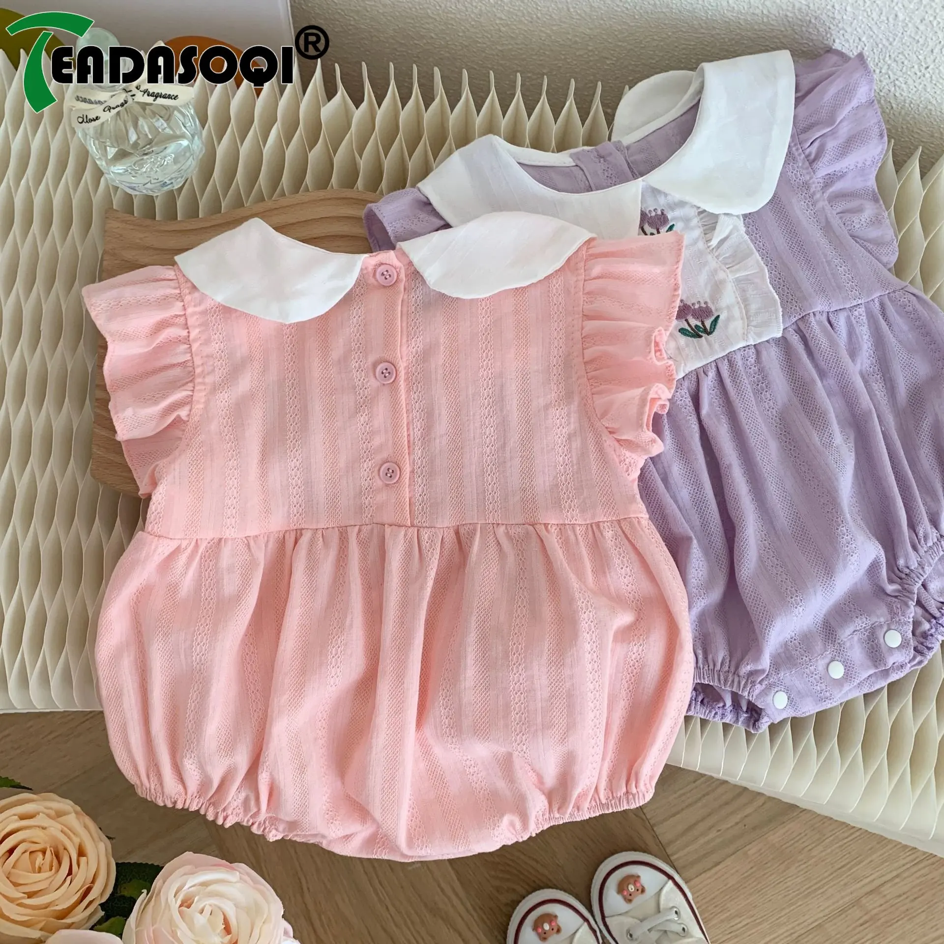 Summer 2023 Newborn  Baby Girls Clothing: Infant Kids  Embroidered Flower Peter Pan Collar One-Piece Bodysuit Fly Sleeve