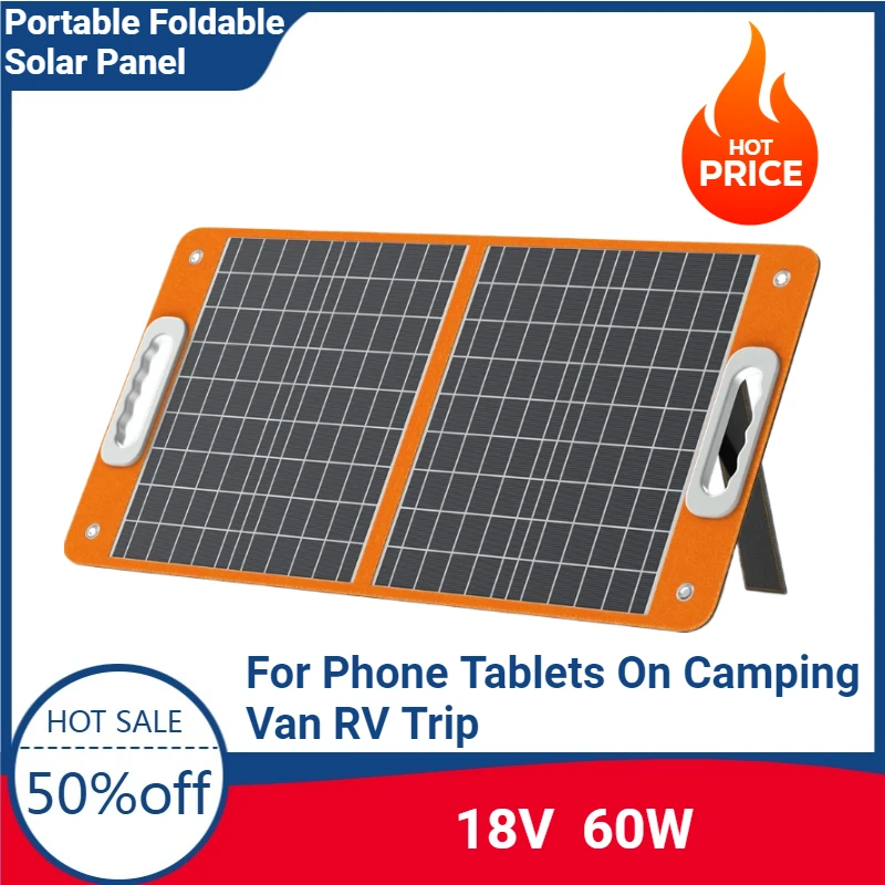 

60W Portable Foldable Solar Panel 18V Battery Cell Charger with DC Output USB-C QC3.0 for Phone Tablets On Camping Van RV Trip