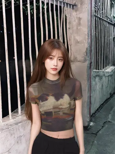 Imagen 2 del producto Kimutomo Y2k-camisetas Vintage para mujer, camisetas sexys con estampado de gato de dibujos animados, camisetas cortas de cuello medio alto para primavera y verano, camiseta gótica