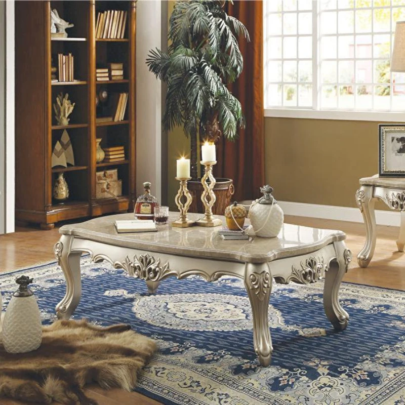 American Classic Living Room Furniture Set Oak Solid Wood Hand Carving Marble Top Coffee Table