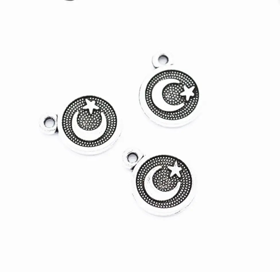 500pcs Round Charms Moon Star 12x10mm Antique Silver Color Pendants DIY Crafts Making Findings Handmade Tibetan Jewelry F0247