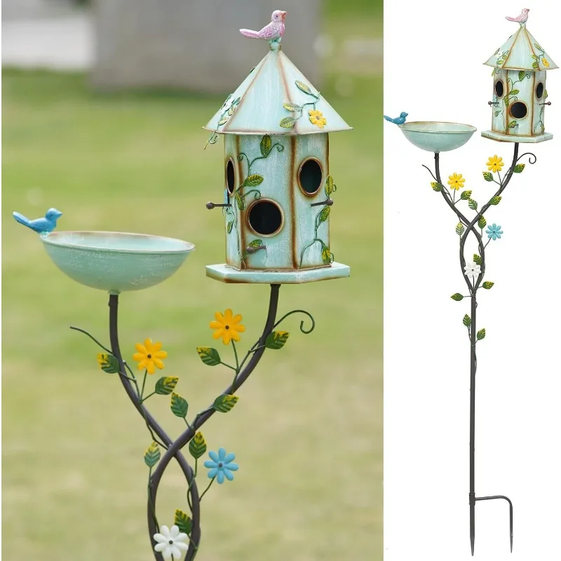 56'' H Metal Bird Bath with Pole Outdoor Garden Yard Decor Includes Bowl And Birdhouses with Stake for Attracting Birds