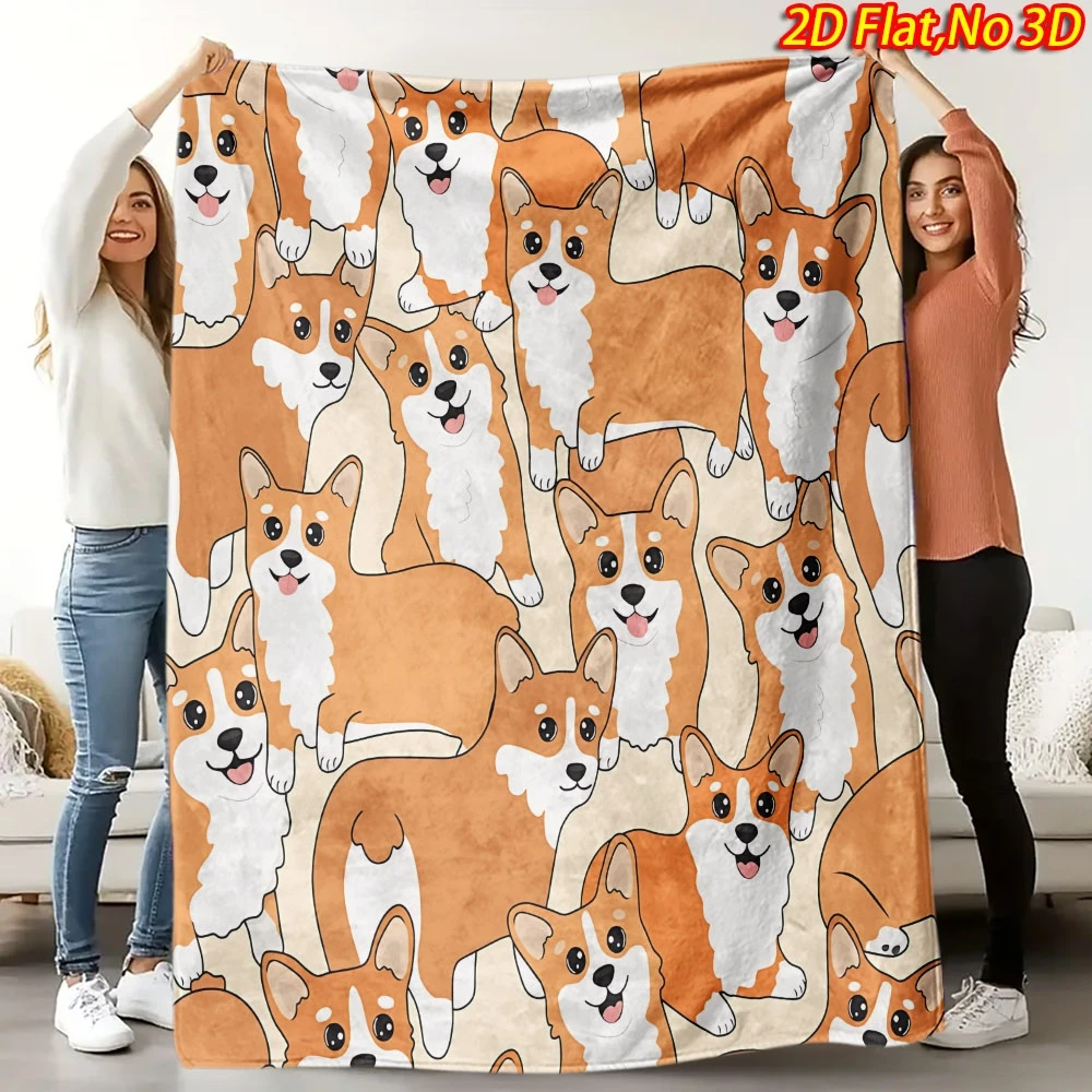 Cartoon Cute Corgi Dog Stacked Beige Base Print Flannel Throw Blanket Soft Warm Cover Sofa Bedroom Corgi Pet Lover Decor Gift