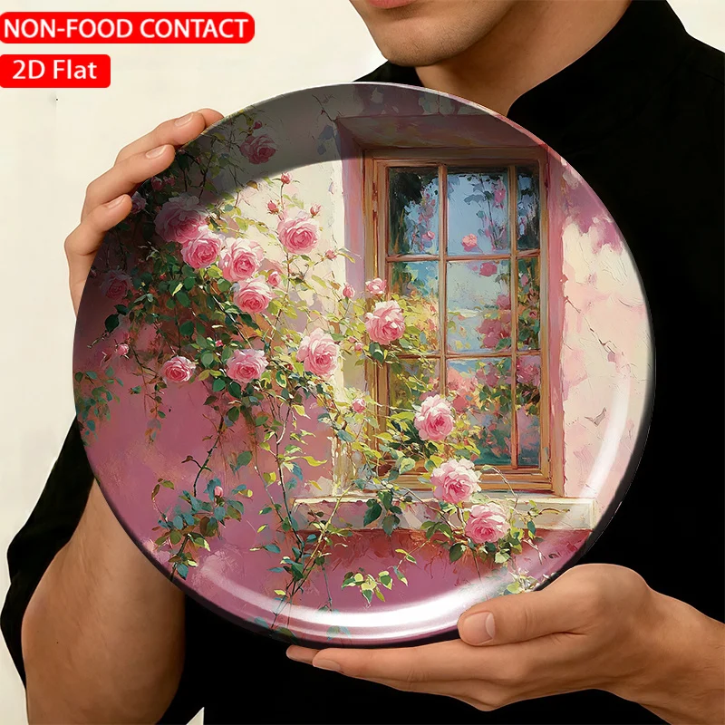 1 Stück FORJN Moderne Runde Keramik-Dekorationstafel mit Rosa Rosen - Geeignet für Nicht-Lebensmittelkontakt, Elegante Wandtafel, Wohnzimmer