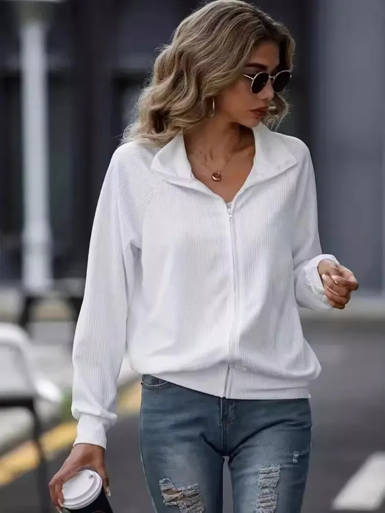 

Women's Lapel Loose Zip Up Knit Sweatshirts, Solid Color Zipper Front Jacket, Women's Clothing