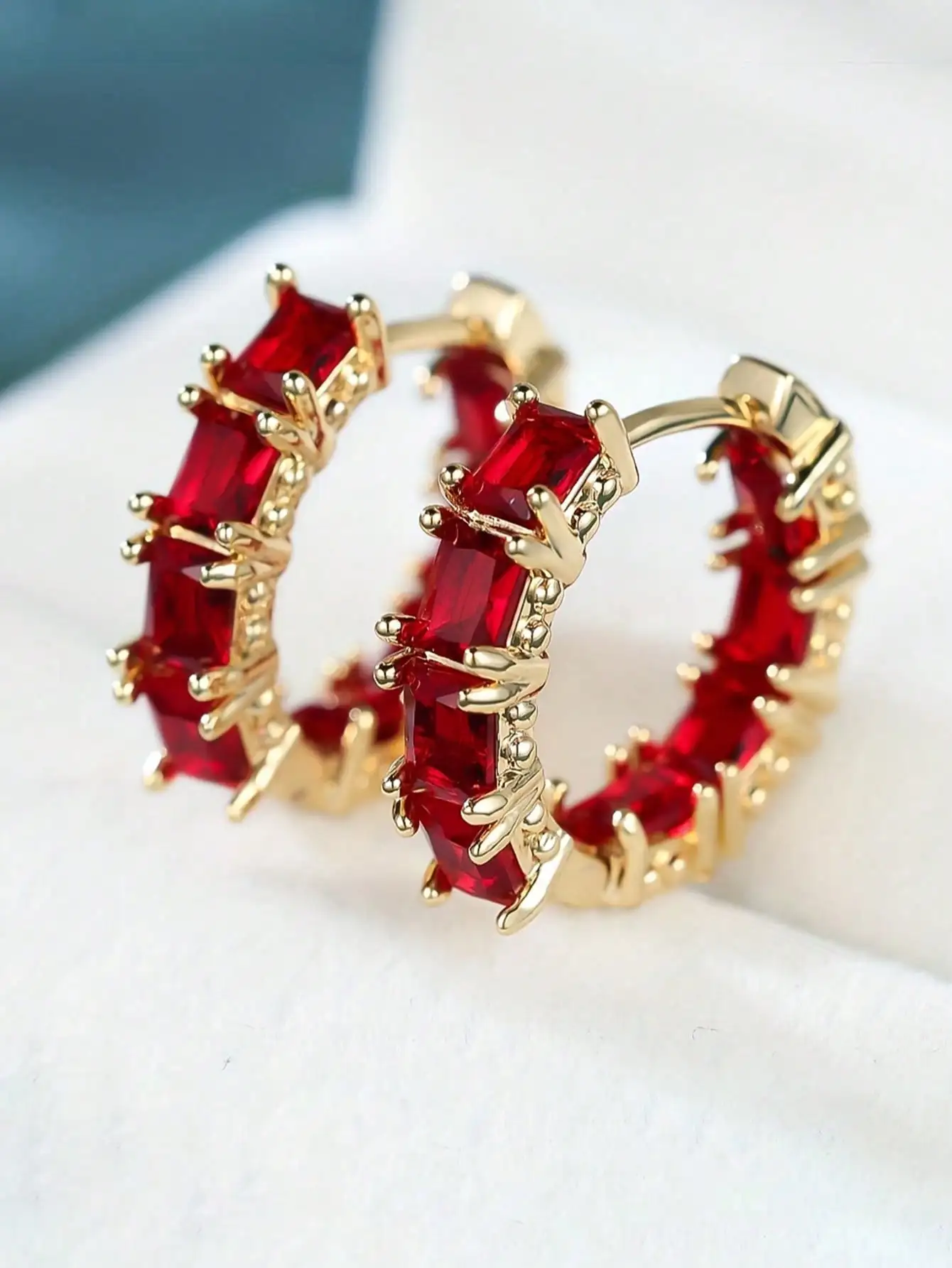 

Golden Rectangular Red Crystal Hoop Earrings for Women, Fashion Statement Jewelry Gift