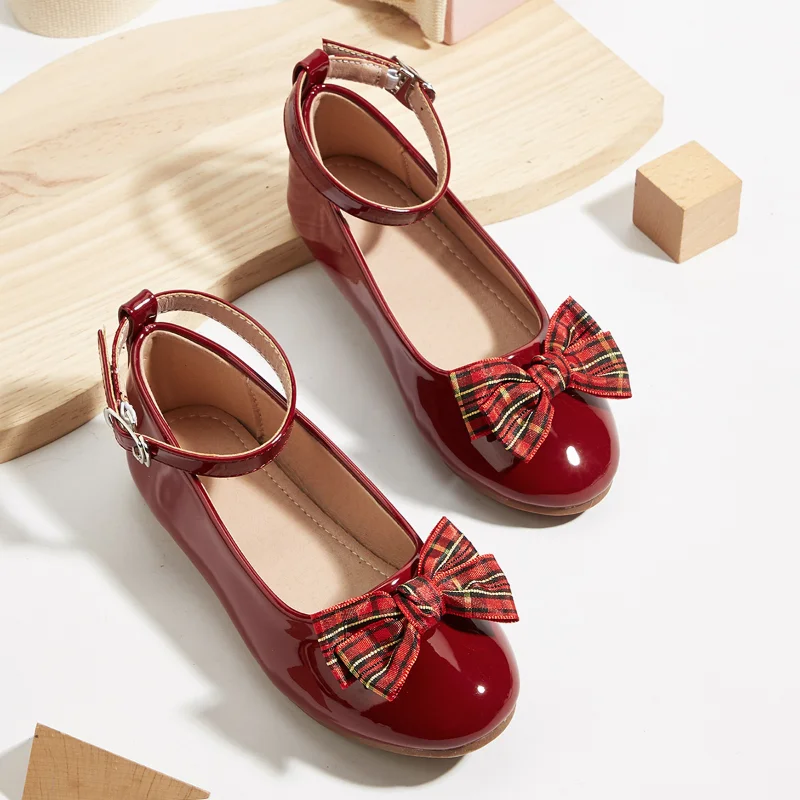 

Детская повседневная обувь, туфли на низком каблуке, туфли из искусственной кожи с круглым носком и бантом, весенняя обувь для девочек, нескользящие красные туфли на липучке, размер 24-36