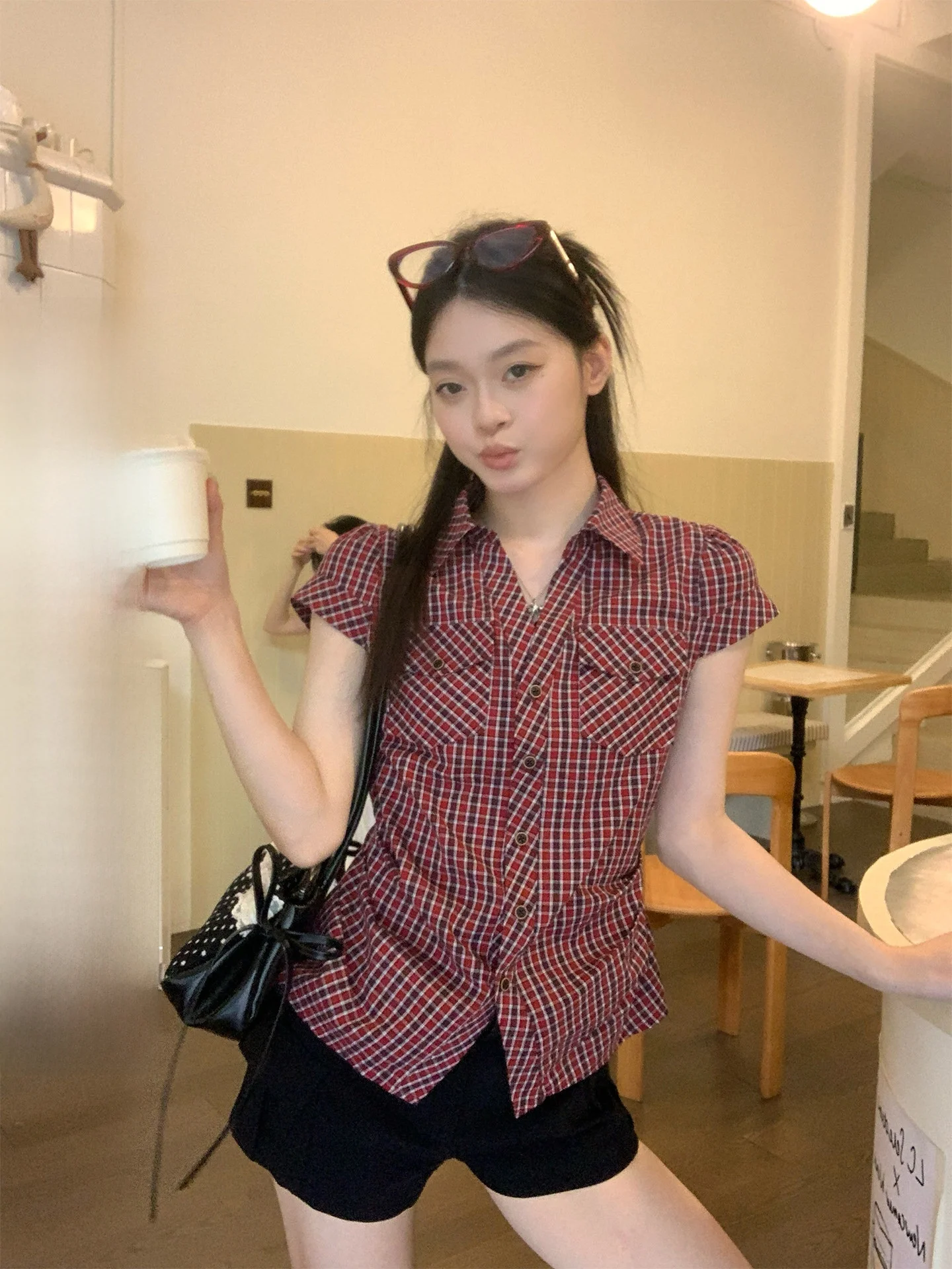 

Red Plaid Collar Short Sleeve Slim Fit Women's Shirt Summer Waist Cinched Korean Design Unique Top by Song Zhengen