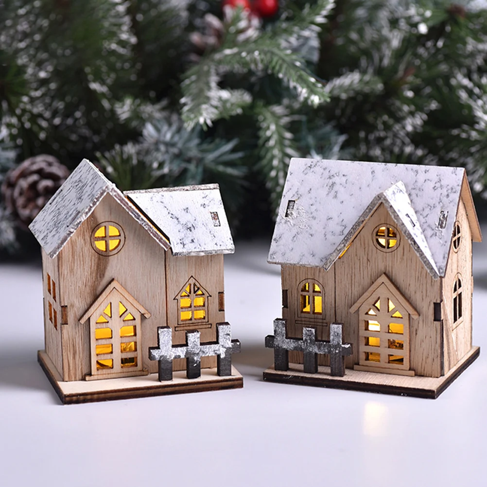 

3pcs Wooden Puzzle Villa Xmas House Decor Desktop nament Luminous Snow Layout Exquisite Details Stable Bottom Suitable Living