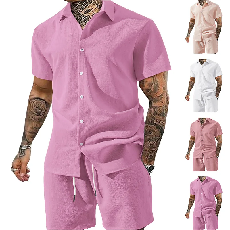 

Summer Men's Two-Piece Suit Solid Color Collar Short-Sleeved Shirt And Casual Drawstring Shorts Set for Men