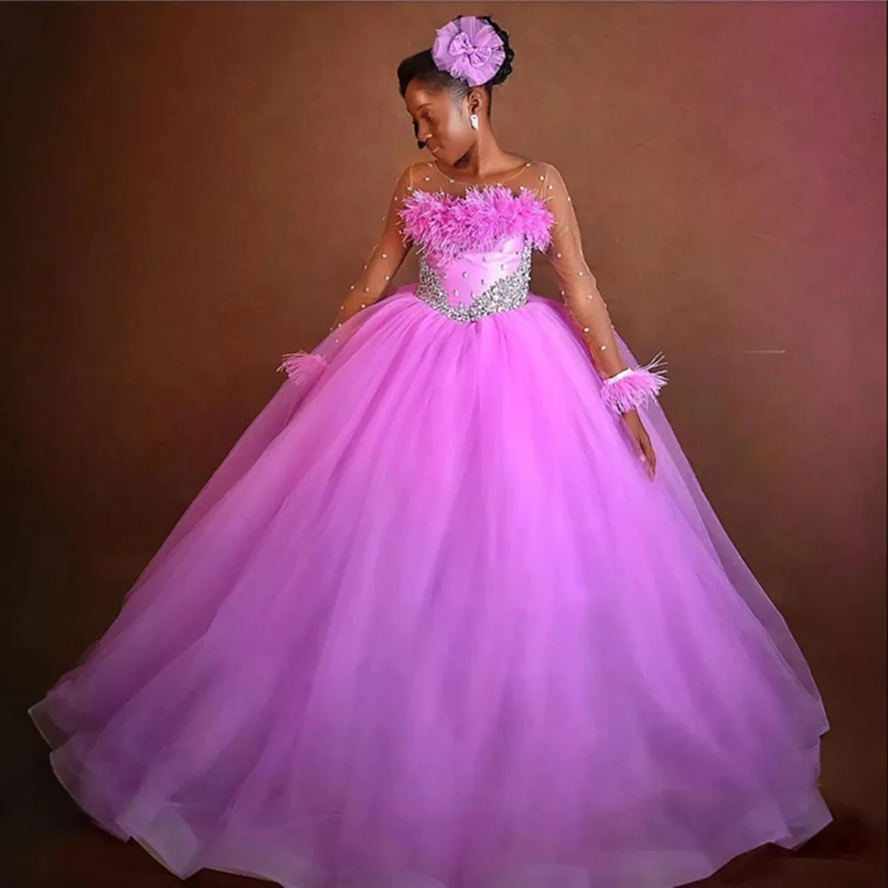 

Customized Luxurious Flower Girl Wedding Dress Beaded Feather Long Sleeves Girls Birthday Party Prom Dress First Communion Gown