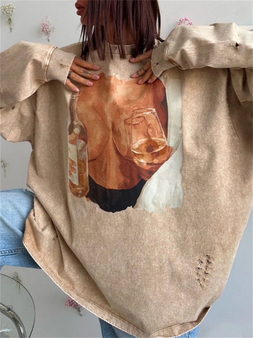 

Early Autumn T-shirt for Women High Street Long Sleeve Distressed Shirt Fashionable Women's Popular T Shirts Loose Fit Top