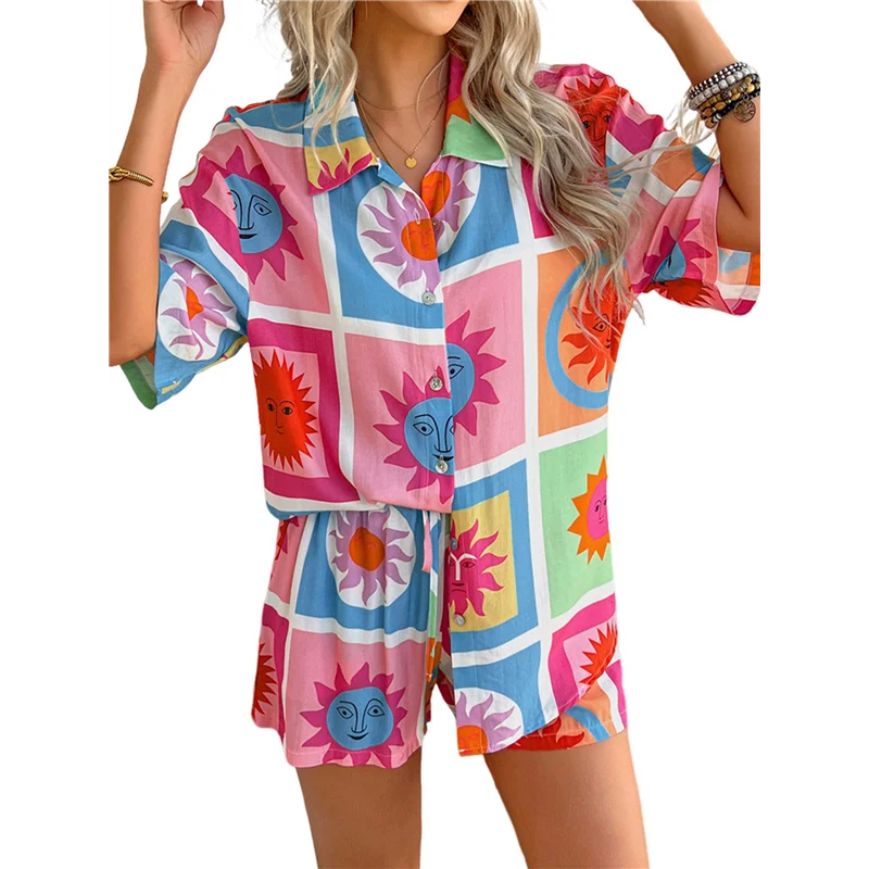 

CGS-Women's Soft Summer Floral Tropical Print V Neck Tee Short Sleeve Button Top Shorts 2 Piece Sets