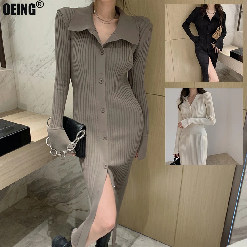 

Winter POLO Knit Warm Korean Fashion Sweater Dress Skinny Solid Button Long Sleeve Vintage Knee Pullover Black Women's Dresses