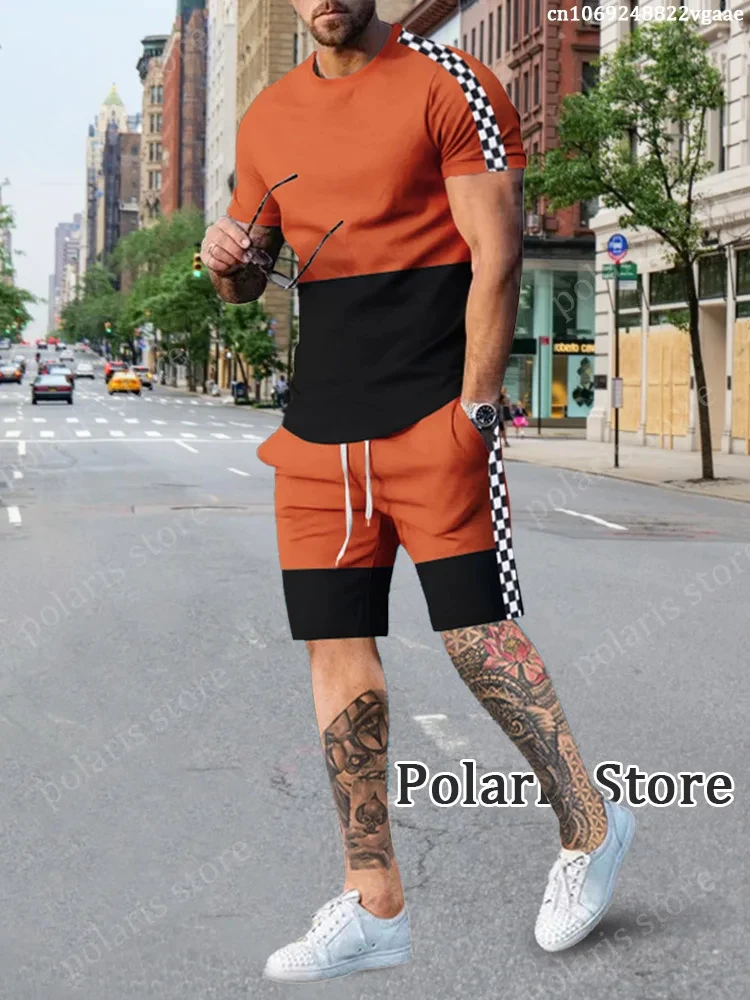 Summer Men Tracksuit Set T Shirt Men Clothes Racing Checkered Flag Sportswear 2 Piece Shoits Fashion Streetwear Solid Color Suit