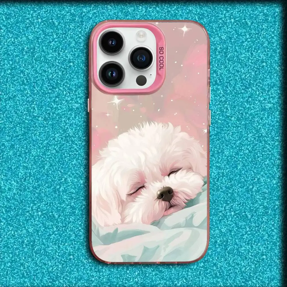 حافظة هاتف كلب مالطي لطيف لهاتف آيفون 17,16,15,14,13,12,11,Pro,Max,Plus,E,SE4,Air,Mini Pink IMD Box