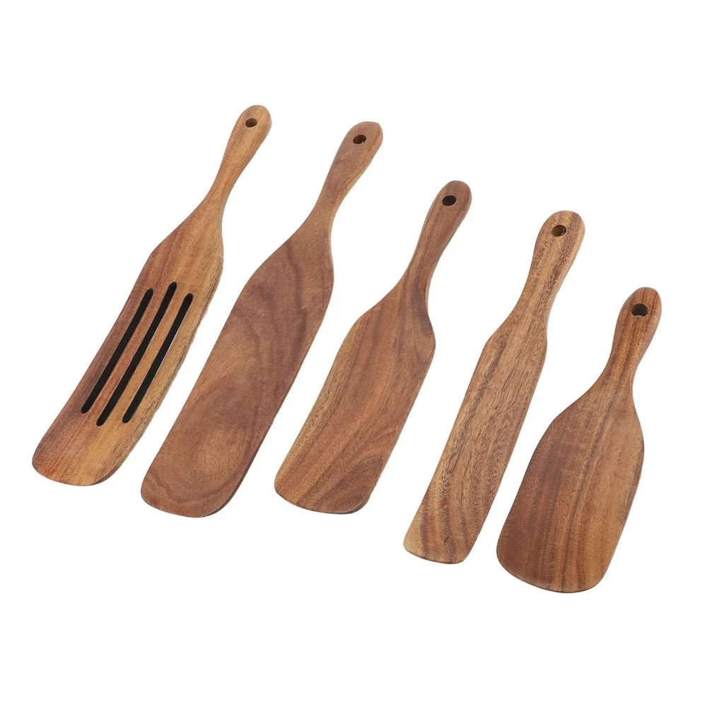 5Pcs Wood Cooking Spatula Smooth Polished Solid Kitchen Turner Thin Flat Spatula Head Heat Insulation Feature Stirring Spatula