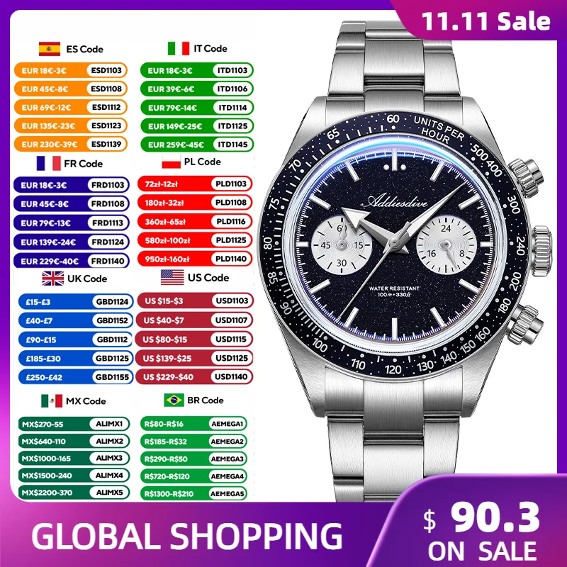 ADDIESDIVE Quartz Luxury Wristwatch VK64 Chronograph Watches Men 100M Waterproof Blue Sandstone Dial Bubble Glass Luminous Watch