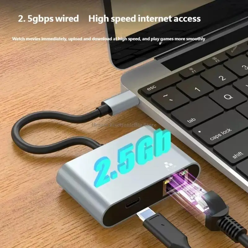 Dense USB C to RJ45 2.5G Adapter Supporting 100W Fast Charging and 2500Mbps Rapid Ethernet Plug and Play Aluminum Alloy KINO