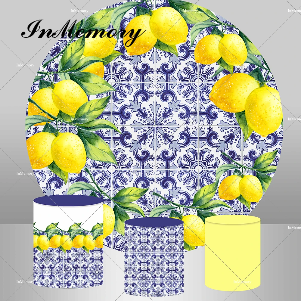 

Lemon Background Blue Porcelain Round Backdrop Cover Kids Birthday Party Photocall Decoration Circle Background Plinth Covers