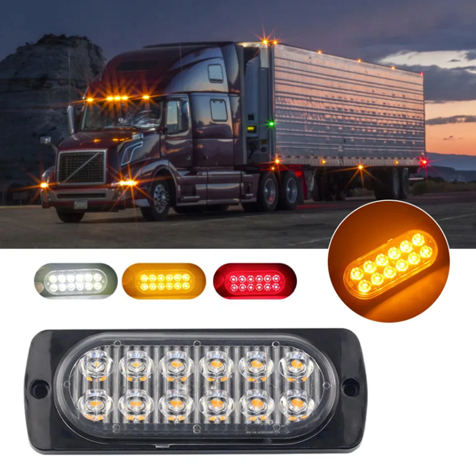 

4PCS 12 Strobe LED White Light+Yellow Light Hazard Beacon Emergency Flashing Side Marker Light Bars Warning Signal Towing Truck
