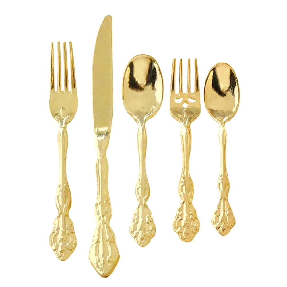 A72I 1:6 Mini Tableware Model Accessories Five Piece Restaurant Cutlery/Knife and Fork for Doll House Decors Gold