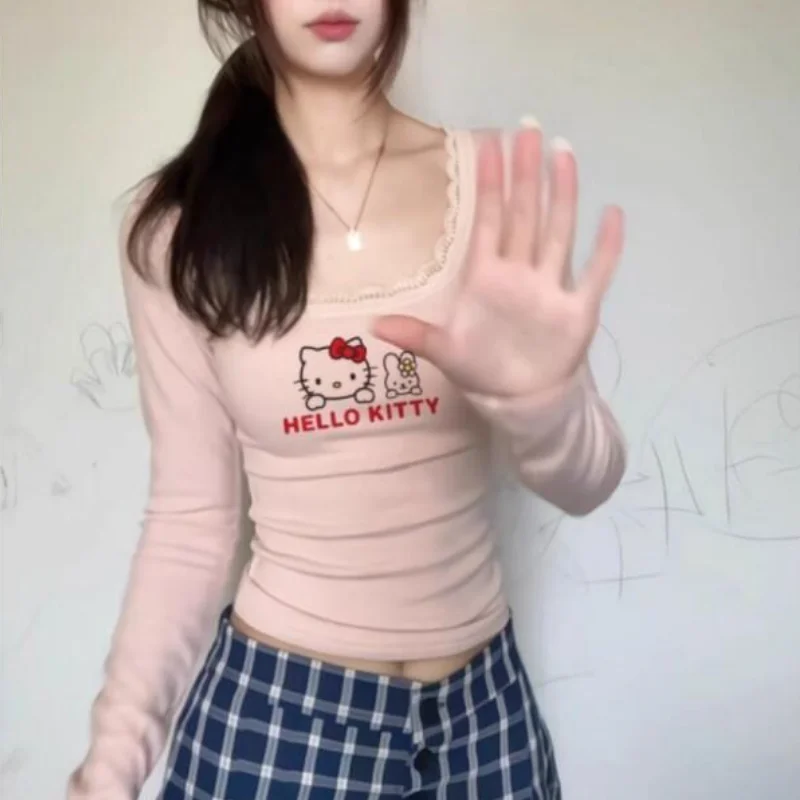 

Женская футболка-кофта Sanrio Hello Kitty с длинным рукавом, из американского махрового трикотажа, для весны, осени и зимы, облегающий базовый топ