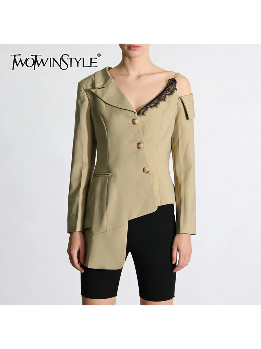 

TWOTWINSTYLE Fashion Spliced Lace Irregular Jackets for Women V Neck Long Sleeves Patchwork Single Breasted Jacket Female New