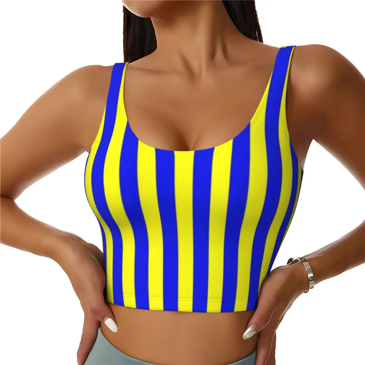 Seamless Sports Bra Blue And Yellow Striped Slimming Swedish Dress Ski Warm Up Yoga Top
