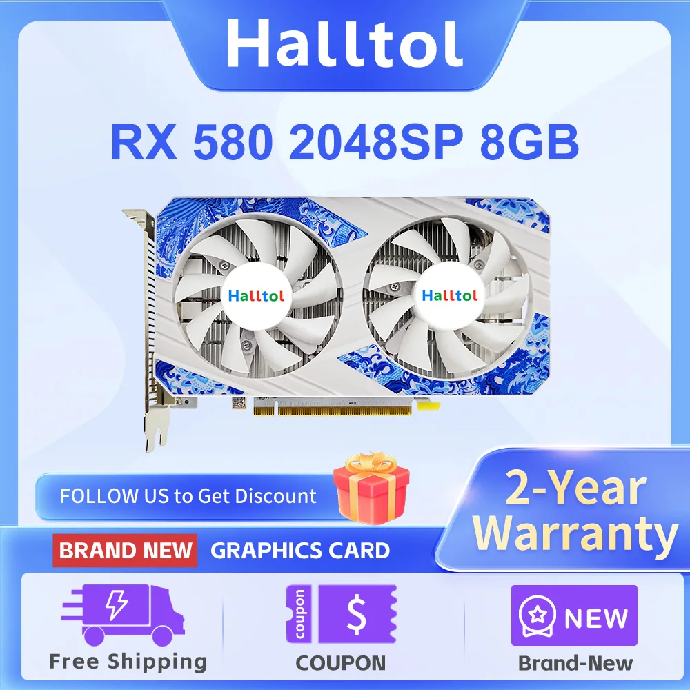 Halltol AMD Radeon RX580 8G Graphics Cards GDDR5 Memory Video Gaming Card PCIE3.0x16 HDMI DP*2 for Desktop Computer Components