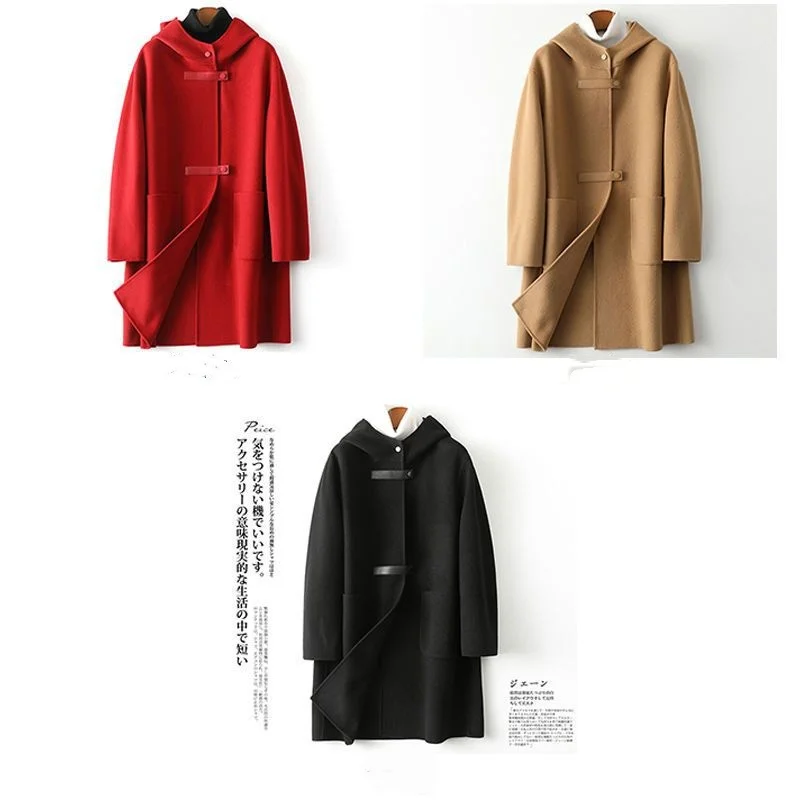 Neue Modische Doppelseitige POLYESTER-Jacke mit Kapuze für Damen Herbst Winter Doppelseitige Woll-Windjacke Eleganter Schlanker Wollmantel – Detail 1