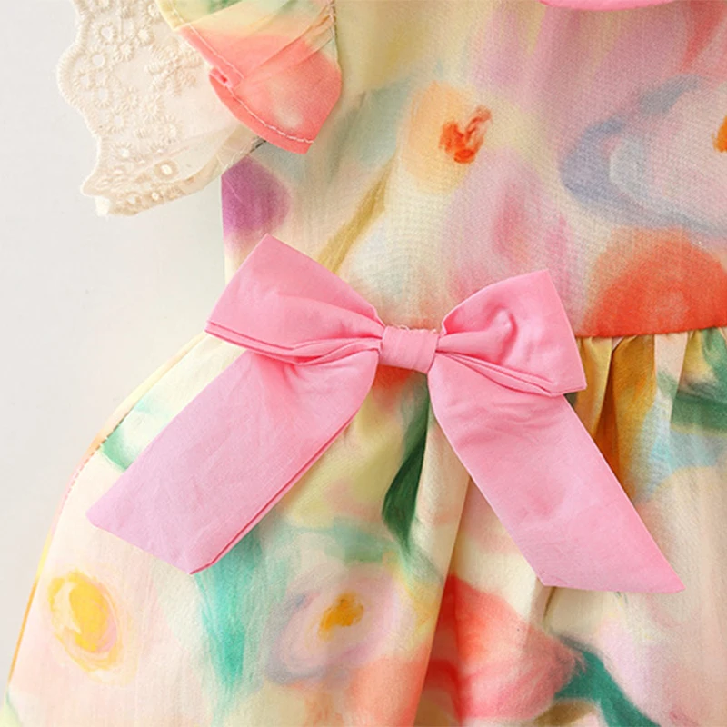 Summer Oil Painting Flower Print Bow Small Flying Sleeve Baby Girl Dress Cute Doll Collar Girl Princess Dress