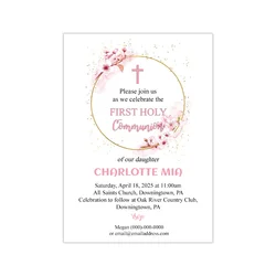 First Holy Communion Invitation Card, Rustic Pink Flowers, Personalized