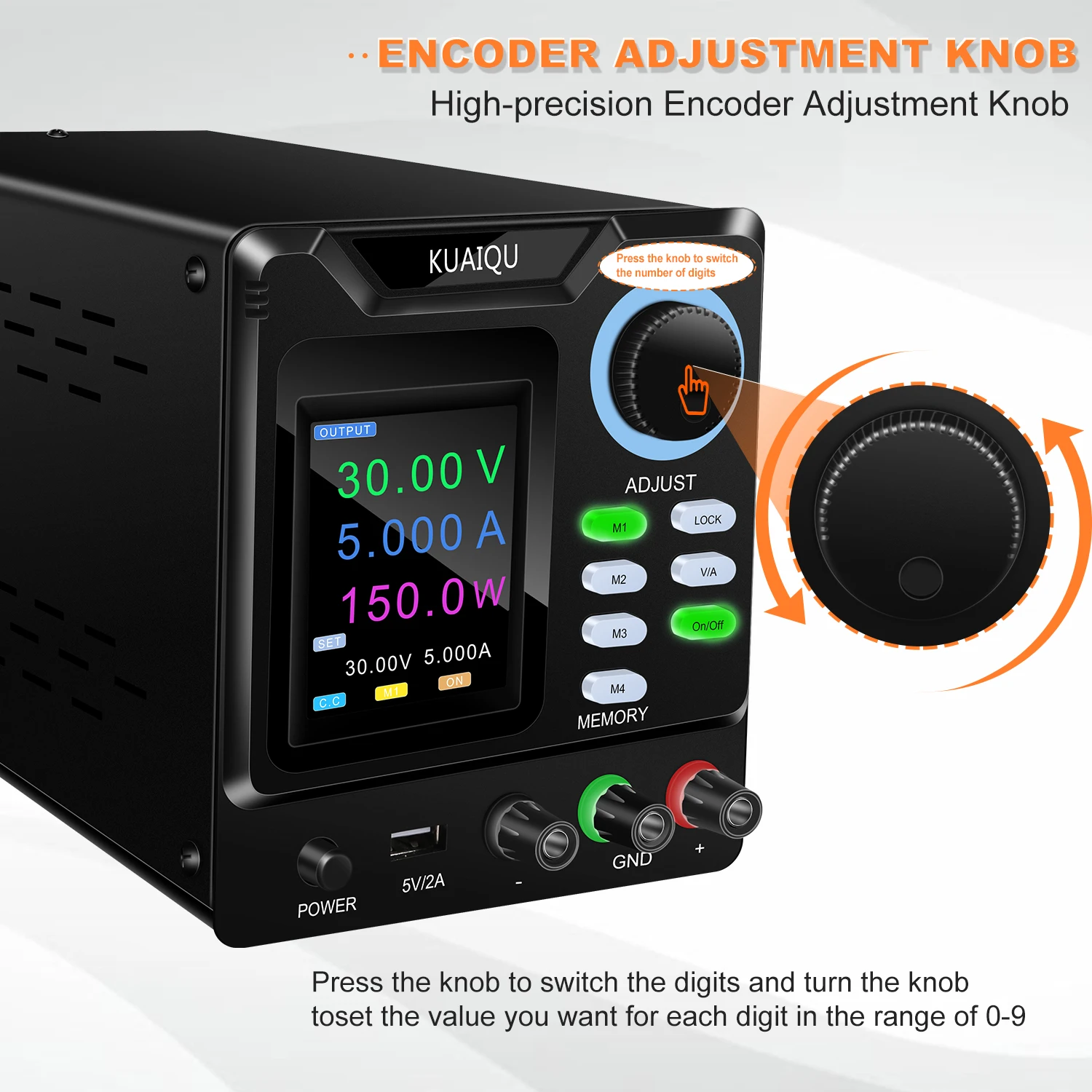 KUAIQU SPPS-D305 4 Groups Memory Function Laboratory DC Bench Power Supply 30V 5A 150W with Precision Adjustment Knob USB Source