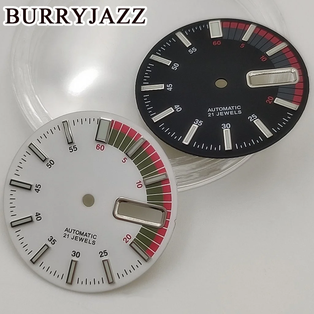 BURRYJAZZ-esfera de reloj NH36 de 28,5mm sin logotipo, esfera negra, azul, blanca, amarilla, verde, luminosa, ajuste de corona de caja de 3 en punto